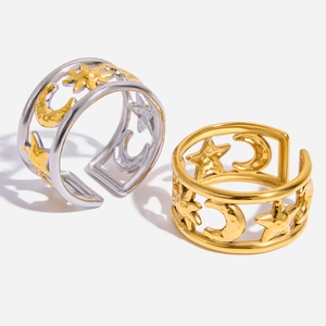 Stainless Steel Double Layer Sun Moon Star Hollow Ring 18K Gold Plated Adjustable Open Celestial Jewelry For Women
