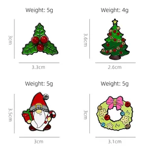 Cartoon Christmas brooches set featuring Santa Claus, tree and wreath with crystals