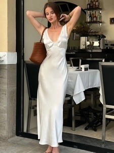 Women Sexy Deep V Neck Satin Maxi Dress Lace Trim Sleeveless Slim Fit Elegant White