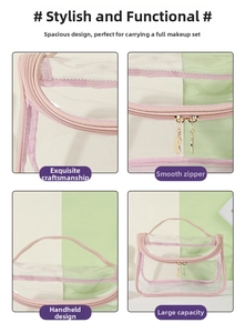 Detail view of pink trim, sturdy zipper, and top handle on a clear travel toiletry bag
