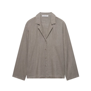 Linen long sleeve shirt in taupe brown with button-down collar, flat lay view