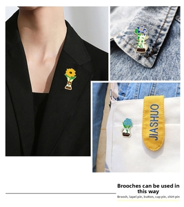 Detail of colorful floral coffee pot enamel pins worn on clothing and canvas bags