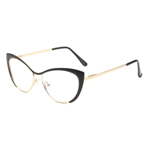 Modern cat-eye glasses with black and gold metal frames shown from a 45-degree angle