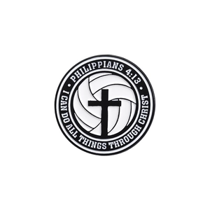Minimalistischer runder Metall-Anstecker mit Kreuz und Philipper 4:13 Bibelvers