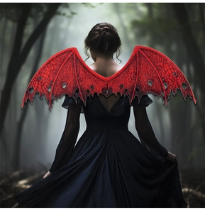 Detail of red dragon wings featuring realistic scale texture for Halloween cosplay costumes