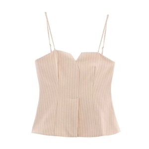 Camisole courte rayée beige, haut tissé ajusté avec motif de fines rayures verticales