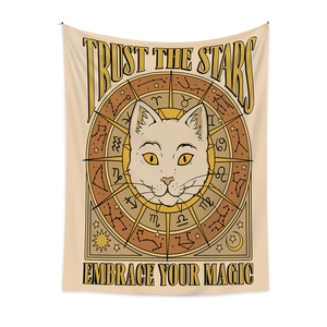 Bohemian tarot cat tapestry featuring zodiac symbols and Trust The Stars text for room decor