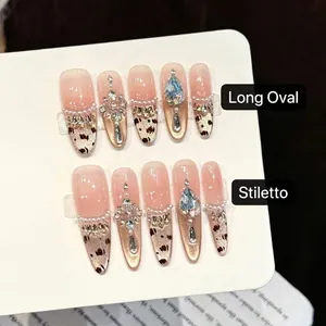 Luxury Hand-Made Pink Leopard Print Press On Nails With Rhinestones And Artificial Pearls Long Oval Almond Artificial False Nails For Women