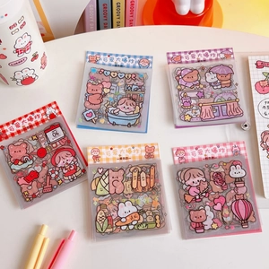 Detailed view of colorful cartoon stickers set featuring cute characters and floral motifs