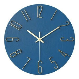 Modern 12-inch blue wood grain wall clock with 3D golden numerals and silent quartz movement