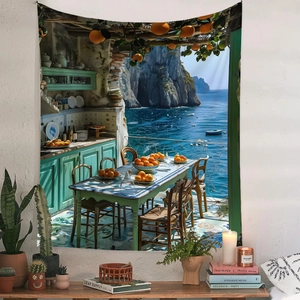 Detail of high-density bohemian tapestry with Mediterranean sea view in a cozy bedroom