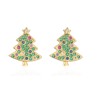 Christmas tree stud earrings with colorful crystals and gold plating on white background