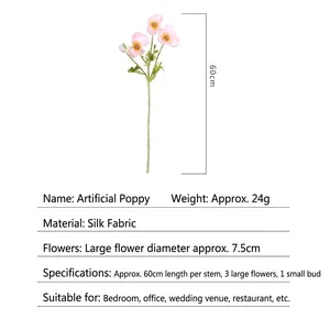 Artificial pink poppy silk flower with three blooms and one bud for home and wedding decor