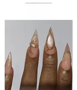 Detailed view of stiletto press-on nails with nude cat-eye effect and gold hand-painted edges