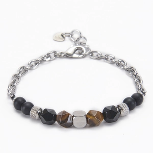 Bracciale Perline Uomo Catena Acciaio Inossidabile Occhio Di Tigre Naturale Pietra Opaca Nera Sfaccettata Regolabile Gioielli Moda