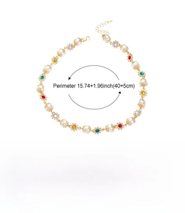 Detail view of pearl and colorful gemstone necklace with alloy material and size specs