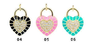 Three enamel heart lock charms with pave cubic zirconia and 18K gold plating detail