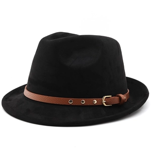 Classic black suede fedora hat with brown leather buckle band for men and women