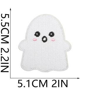 Macro detail of cartoon ghost embroidery patch with exact dimensions 5.5cm by 5.1cm
