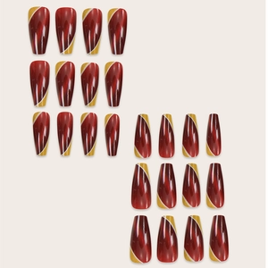 Set of 24 long coffin press-on nails in glossy red and shimmering gold finish