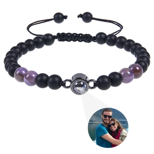 Adjustable custom photo projection bracelet with matte black and purple beads