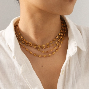 Layered 18k gold plated heart shell pendant necklace on female model neck
