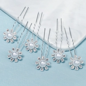 Set of 6 silver flower hair pins with pearls and rhinestones for bridal hair styling
