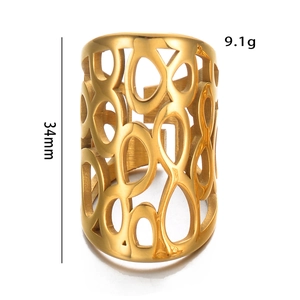 Detail view of gold hollow-out wide ring showing 34mm height and 9.1g weight specifications
