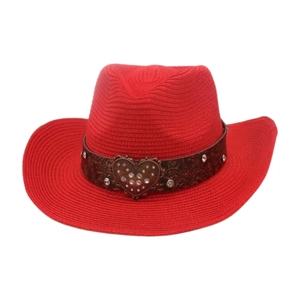 Red breathable straw cowboy hat for women with decorative rhinestone heart buckle