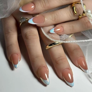 French Style Almond Press On Nails ABS Aurora Artificial Pearl Blue Tips Nude Pink Detachable Manicure For Women