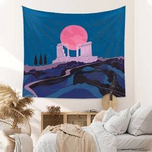Bohemian tapestry featuring a pink full moon over Greek temple ruins in a cozy bedroom