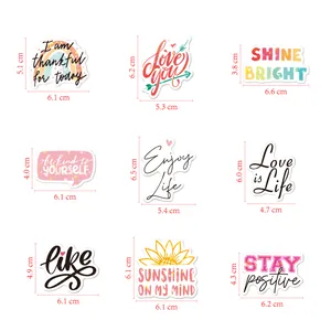 Size guide for holographic vinyl stickers showing precise dimensions for nine various designs