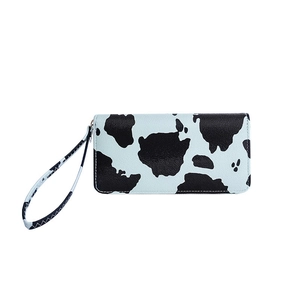 Fashionable long cow print wallet for women with wristlet strap and zipper closure
