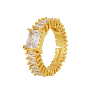Elegant gold-plated adjustable ring featuring emerald-cut cubic zirconia in a modern setting