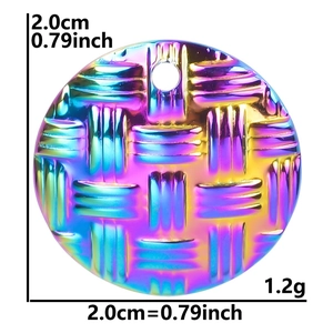 Macro view of a 2.0cm rainbow stainless steel round pendant with woven texture detail