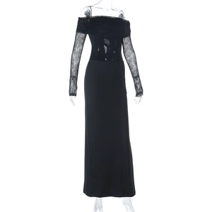 Full-length detail of a black off-shoulder mesh dress with elegant lace long sleeves