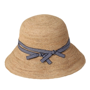 Straw sun hat with blue striped bow ribbon for beach outings and summer sun protection