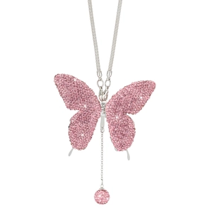 Sparkling pink rhinestone butterfly pendant with dangling ball on silver chain