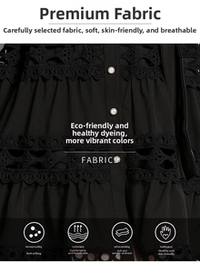 Detail of hollow lace dress with pearl buttons and breathable, anti-wrinkle fabric