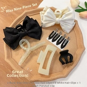 9-piece hair accessory set featuring satin bows, geometric claws, and traceless clips