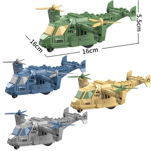 Set mit vier bunten Osprey-Militärhubschraubern aus Bausteinen in verschiedenen Tarnfarben