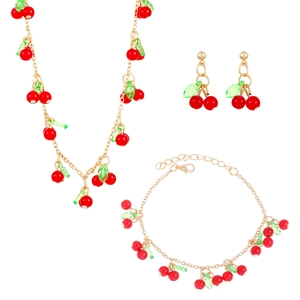 Three-piece red cherry jewelry set including necklace, bracelet and earrings with gold chains