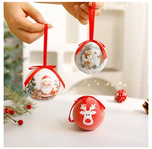 Close-up of 8cm Christmas balls with Santa, Snowman and Reindeer patterns and red ribbons