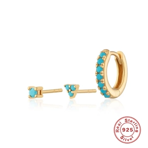 Gold-plated S925 sterling silver trinity earrings set with turquoise blue gemstones