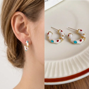 Retro French C Shape Enamel Hoop Earrings With 925 Sterling Silver Earring Post Colorful Polka Dot Jewelry For Women