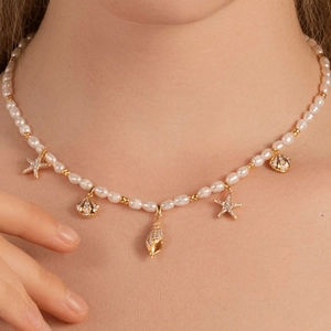 Meeresthema Muschel Seestern Anhänger Künstliche Perlenkette Damen Kupfer Vergoldet Mit Strasssteinen Strandstil Mode