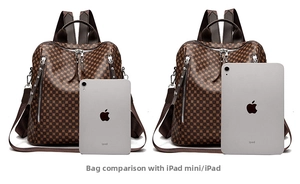 Size comparison of checkered backpacks with iPad mini and standard iPad tablets