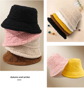 Collage of plush lamb wool bucket hats in black, pink and beige for winter warmth