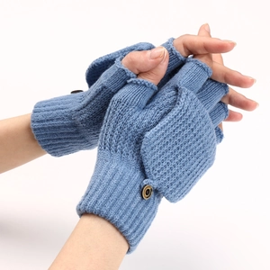Detail of grey-blue knitted convertible gloves with wood button and striped texture
