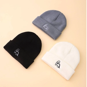 Dinosaur Embroidery Knitted Beanie Hat Acrylic Cuffed Ribbed Warm Casual Novelty For Boys Girls
